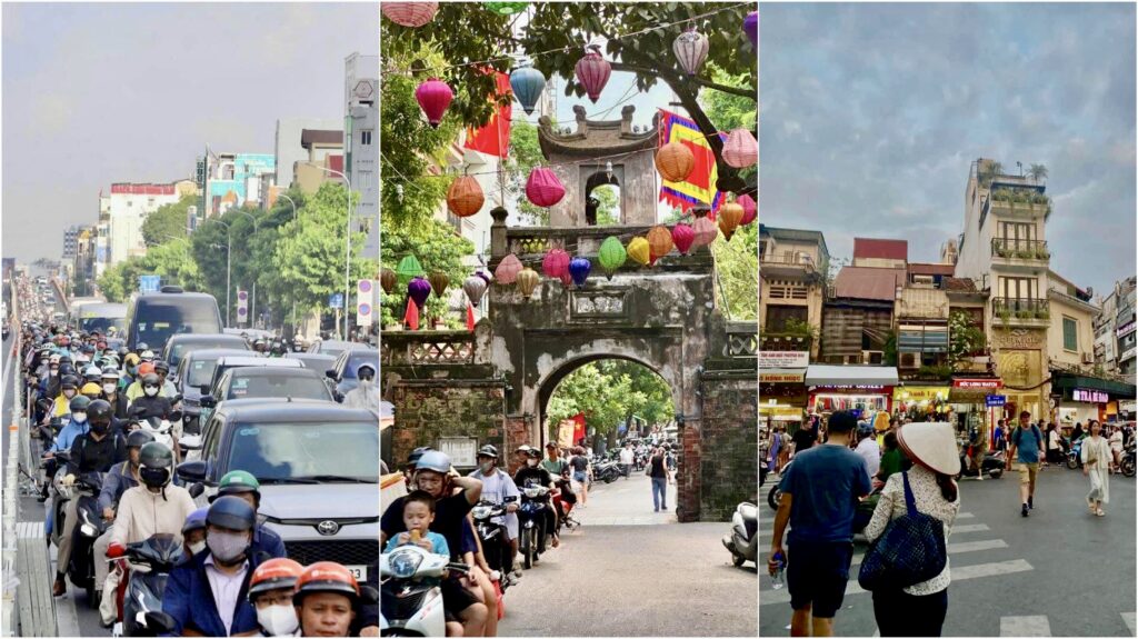 Circulation dense de scooters dans le Vieux Quartier de Hanoi et piétons traversant la rue